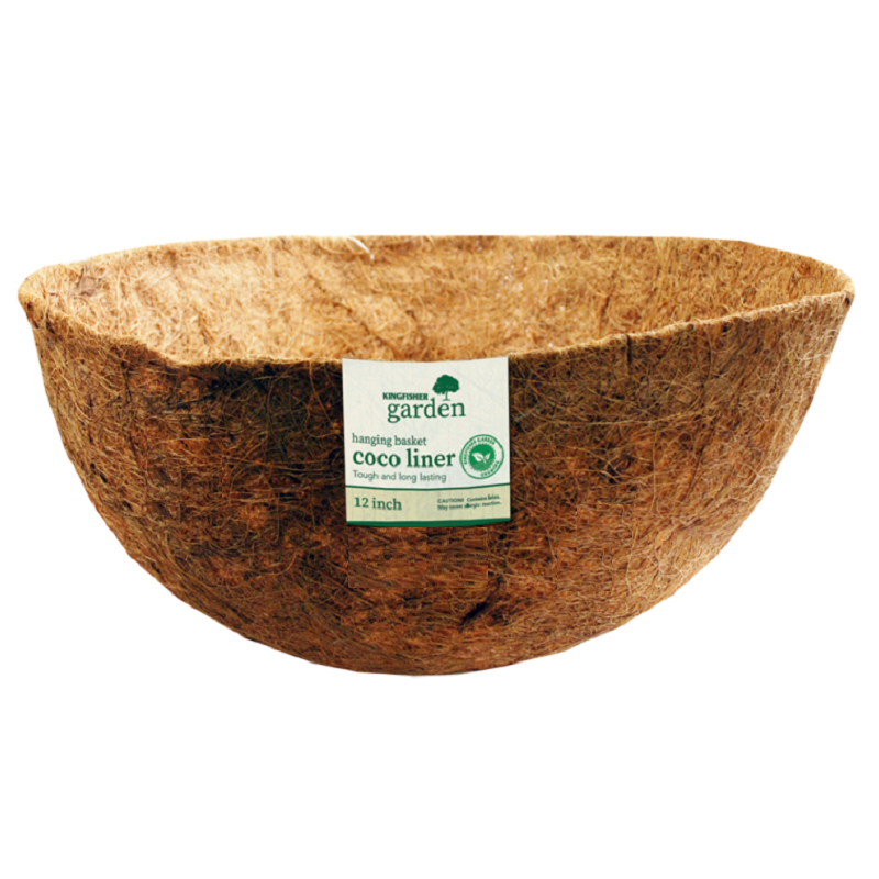 A 12 inch round coco liner for hanging baskets, made by Kingfisher Garden.