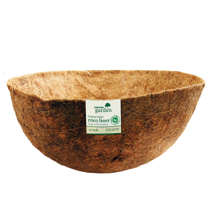 A 14 inch round flower hanging basket coco liner by Kingfisher Garden.