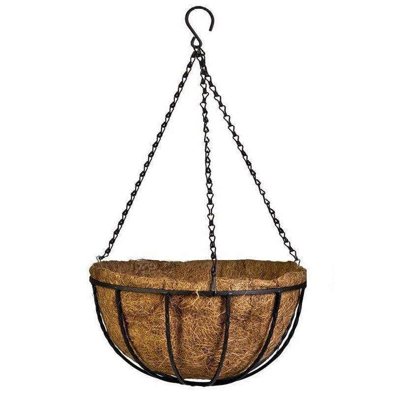 A 14 inch round flower hanging basket with a coco liner and metal chains.