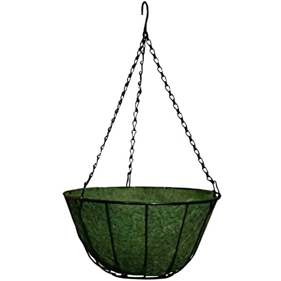 Green round hanging basket with jute liners and metal chains.