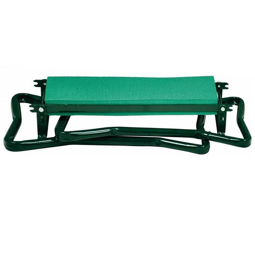 Green folding garden kneeler with handles and seat, shown in a folded position.