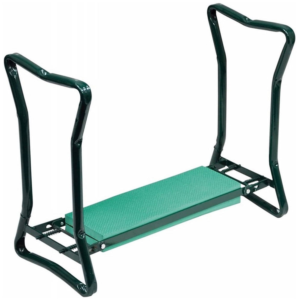 Green garden kneeler with handles and seat in a folded position.