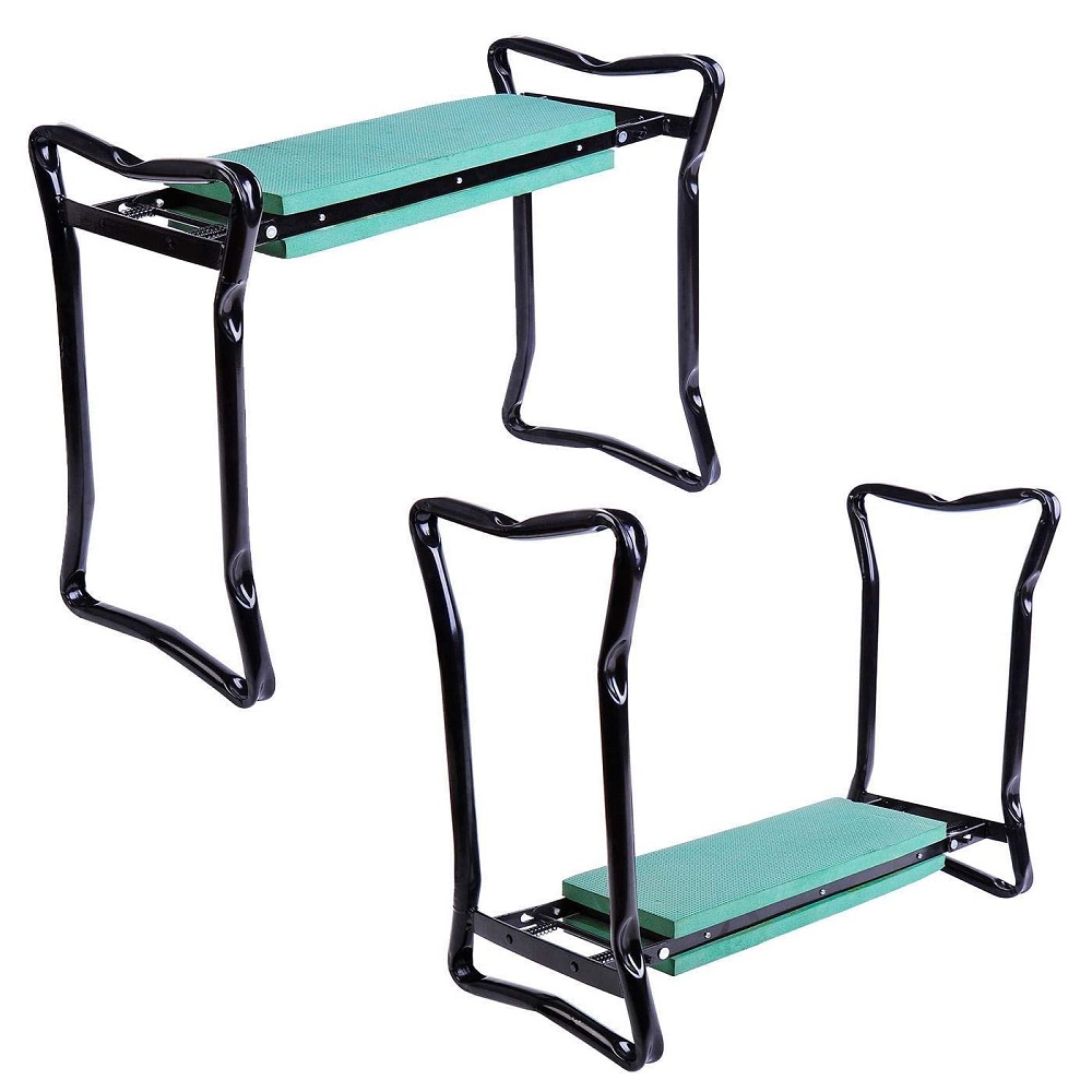 Garden kneeler with handles and seat, shown folded and unfolded.