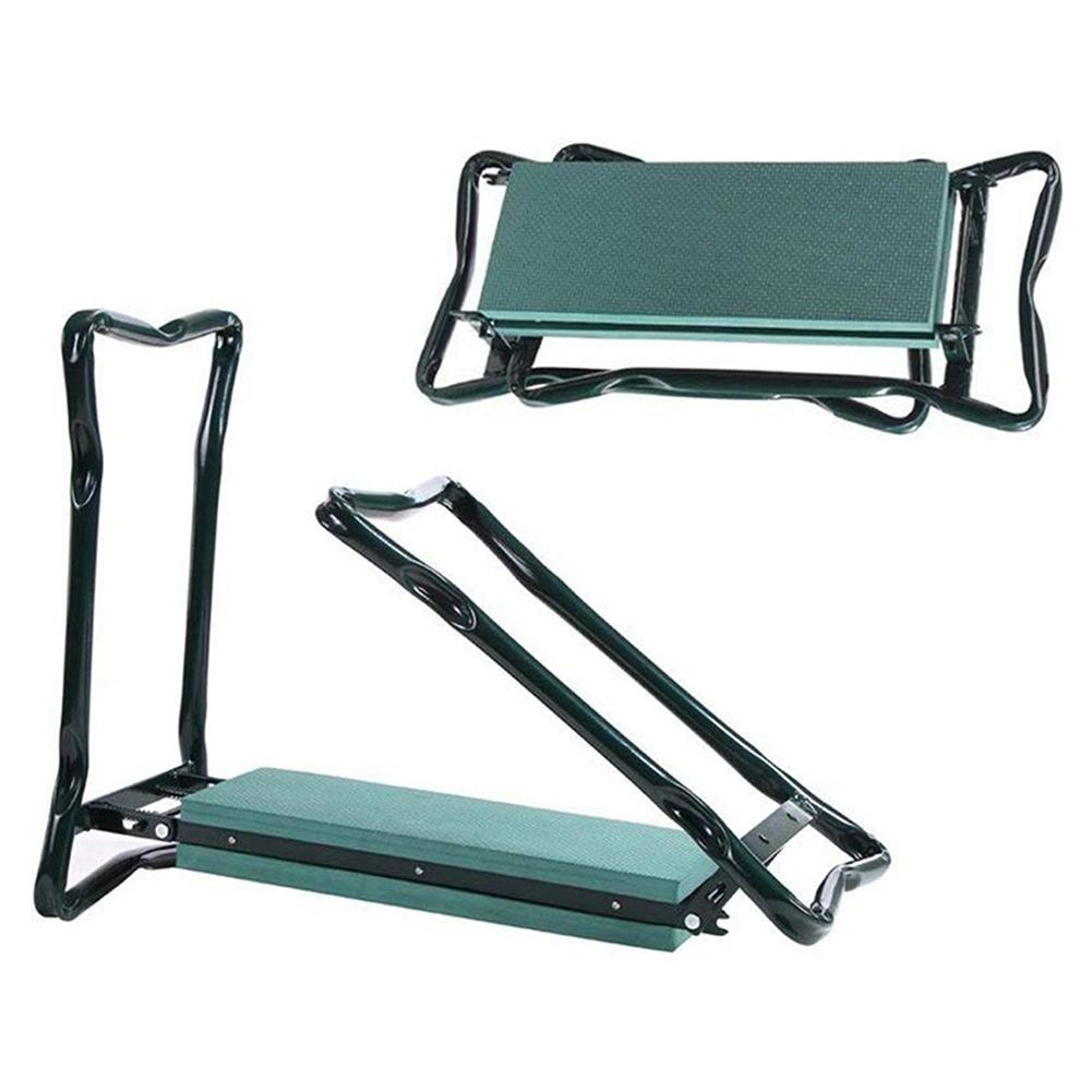 Folding garden kneeler with handles and seat in green, shown in two positions.