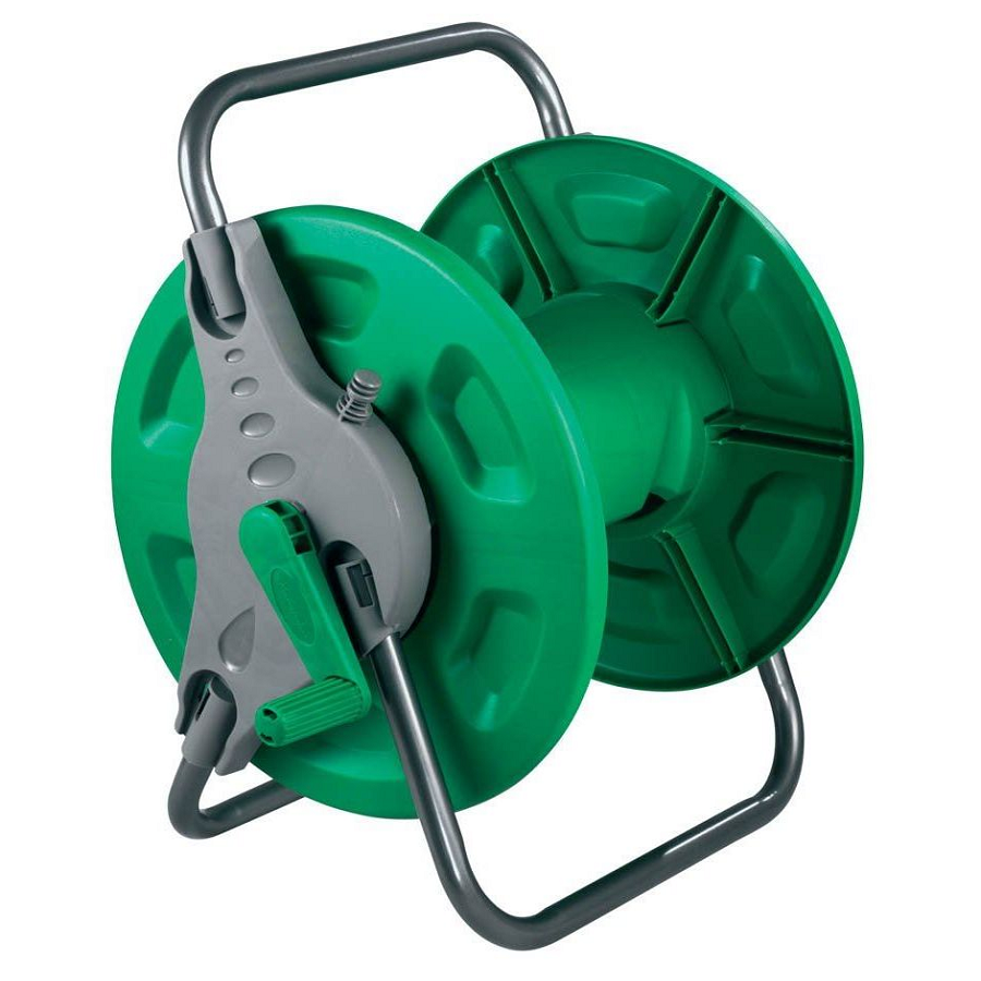 Green and grey garden hose reel with handle, designed for easy assembly and free standing use.