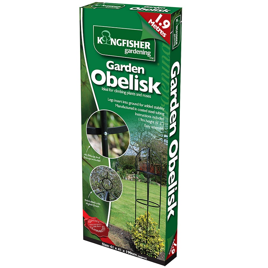 Packaging of Kingfisher Garden Metal Obelisk Support Frame for climbing plants and roses, showing product details and images.