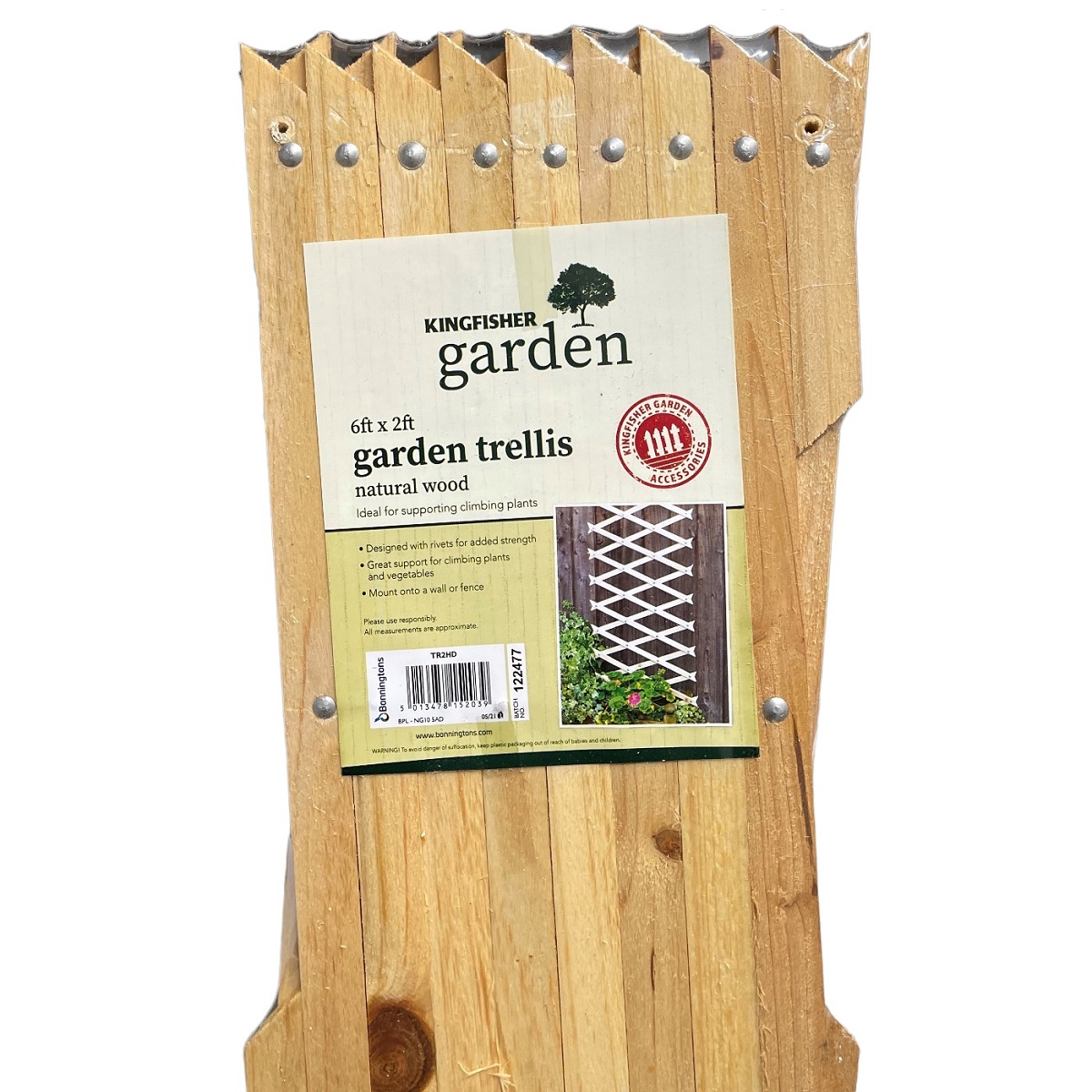 Wooden garden trellis with riveted design for plant support, measuring 6ft by 2ft.