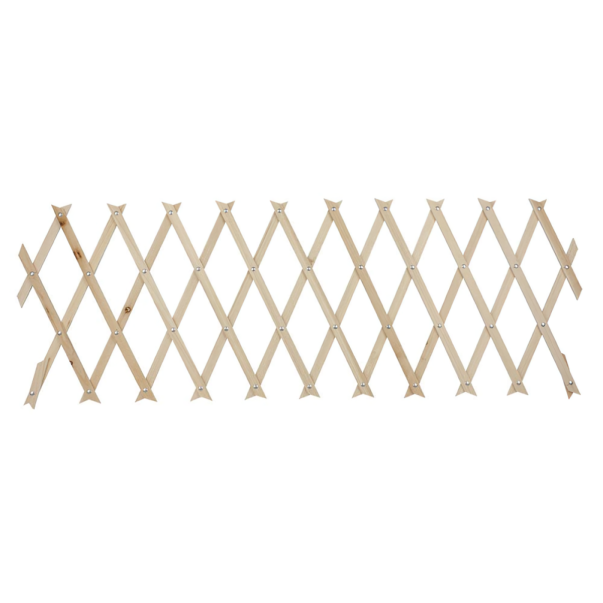 Wooden trellis with riveted design for plant support.