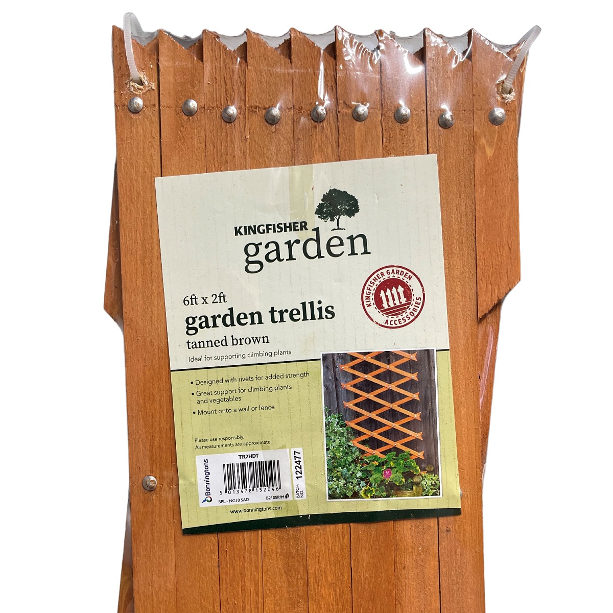 A packaged Kingfisher Garden Riveted Wooden Trellis in tanned brown, measuring 6ft by 2ft, with a label detailing its features for supporting climbing plants.