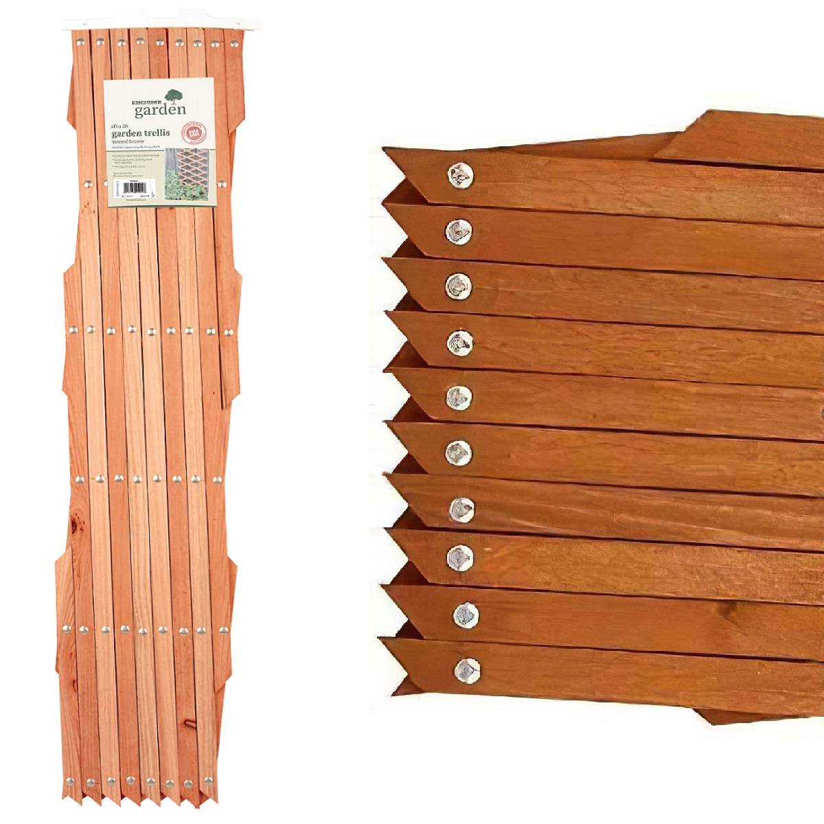 Wooden trellis with riveted design for garden plant display.