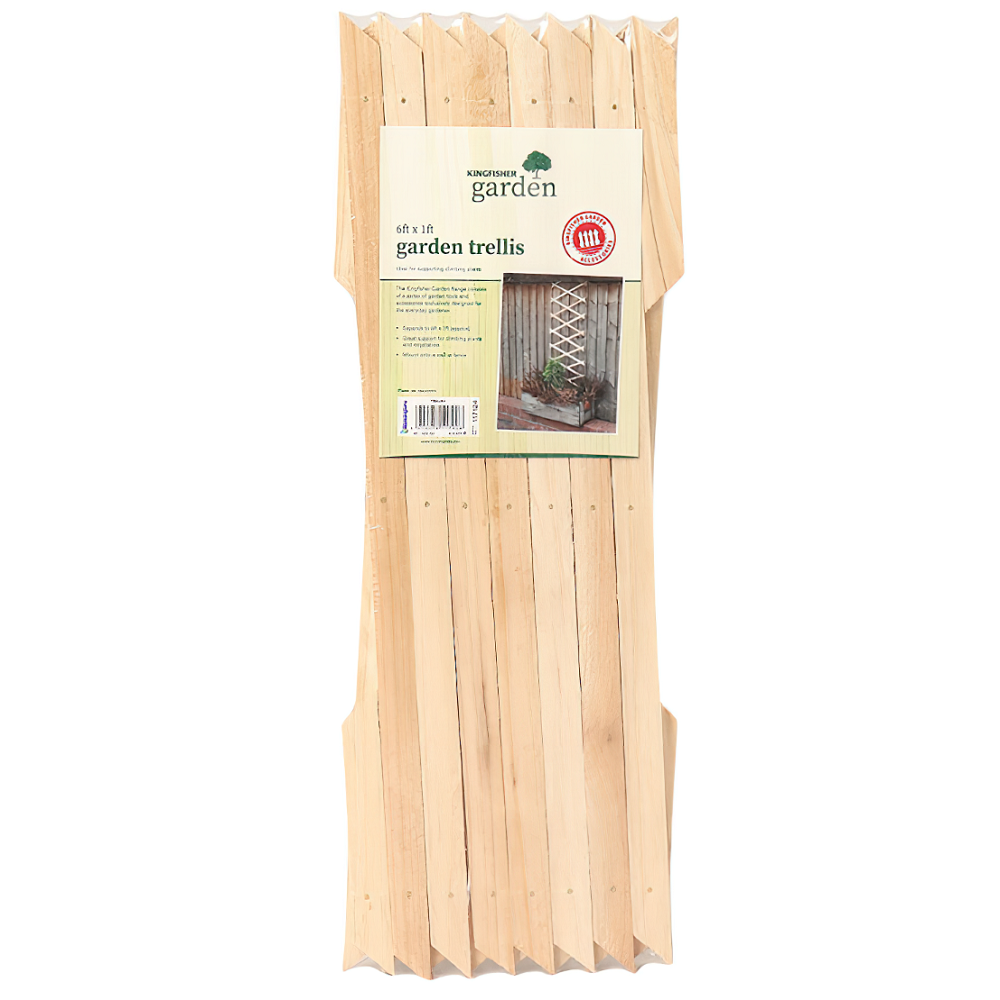 Wooden expanding trellis for climbing plants, packaged with a label showing product details.