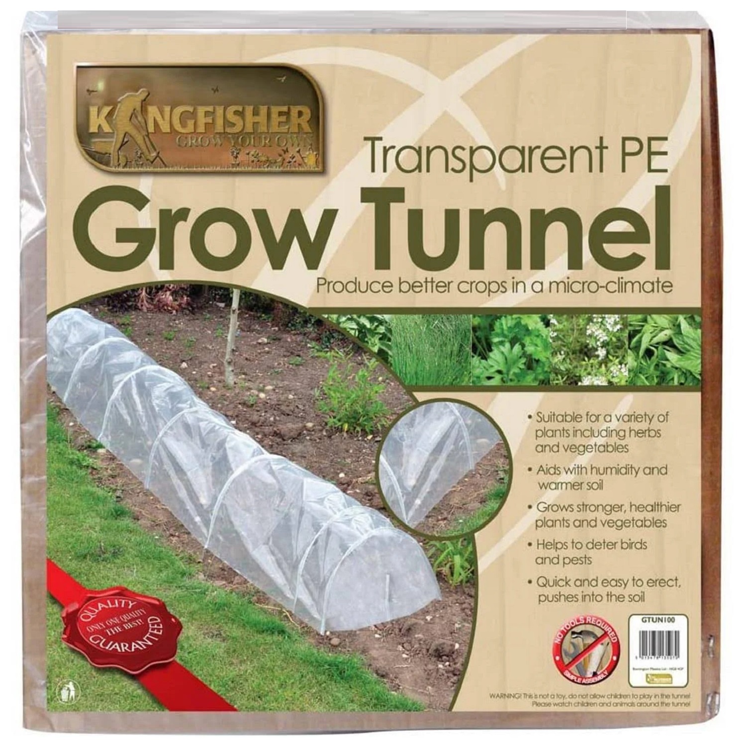 Kingfisher Garden 3m Polythene PE Grow Tunnel packaging, showing a transparent tunnel over a garden bed.