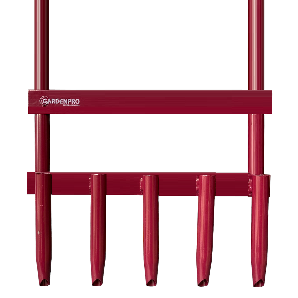 Red 5 prong lawn aerator plug cutter with a metal frame.