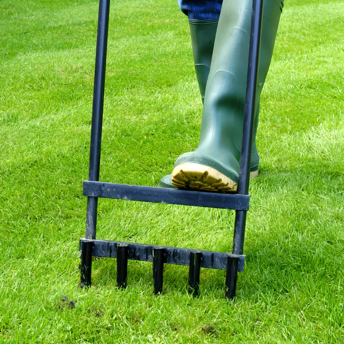 Person using a 5 prong lawn aerator on grass