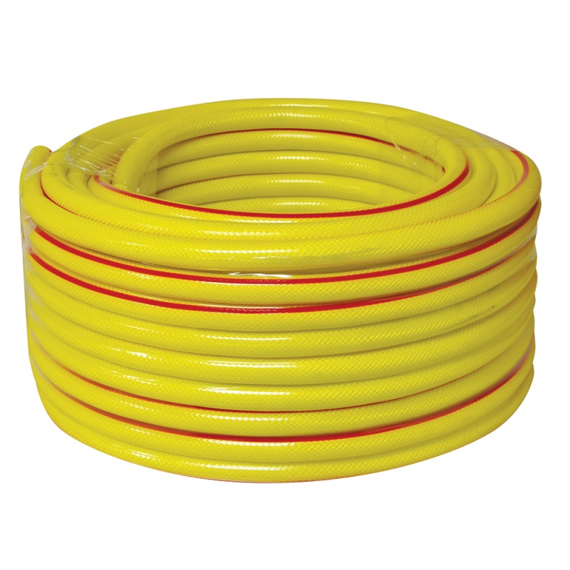 Coiled yellow hose pipe with a red line, 30 metres in length.