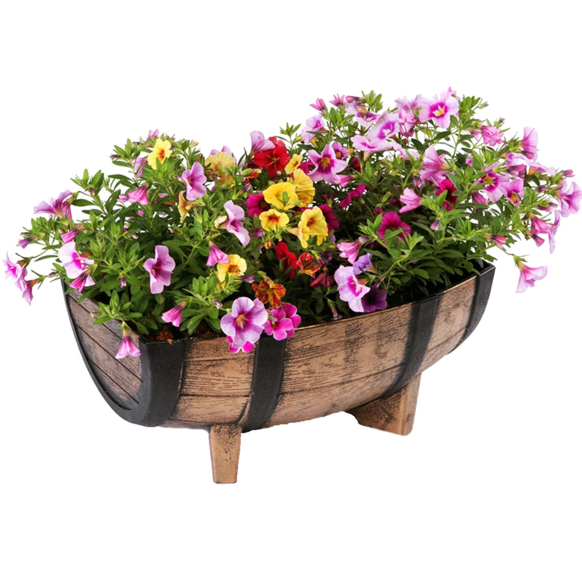 Wood effect half barrel plastic planter trough filled with colourful flowers.