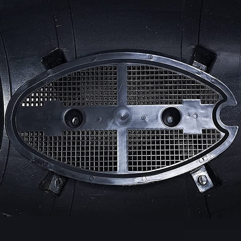Close-up of the base of a Kingfisher Garden Wood Effect Half Barrel Plastic Planter Trough showing drainage holes and grid design.