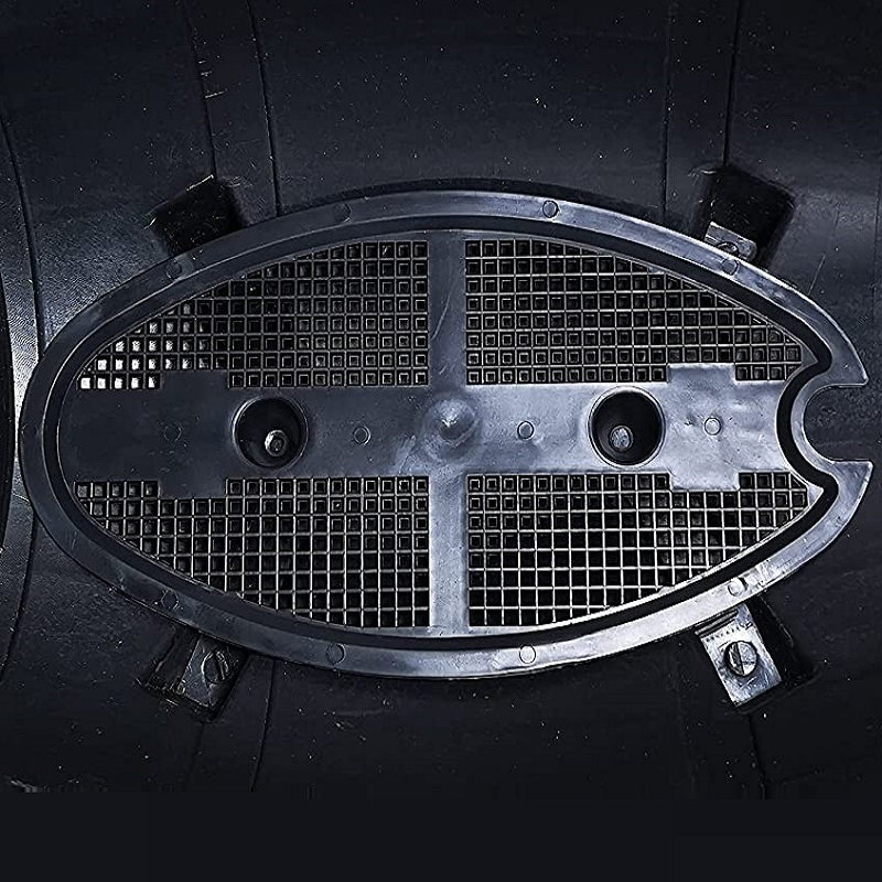 Bottom view of a Kingfisher Garden Wood Effect Half Barrel Plastic Planter Trough showing drainage holes and grid pattern.