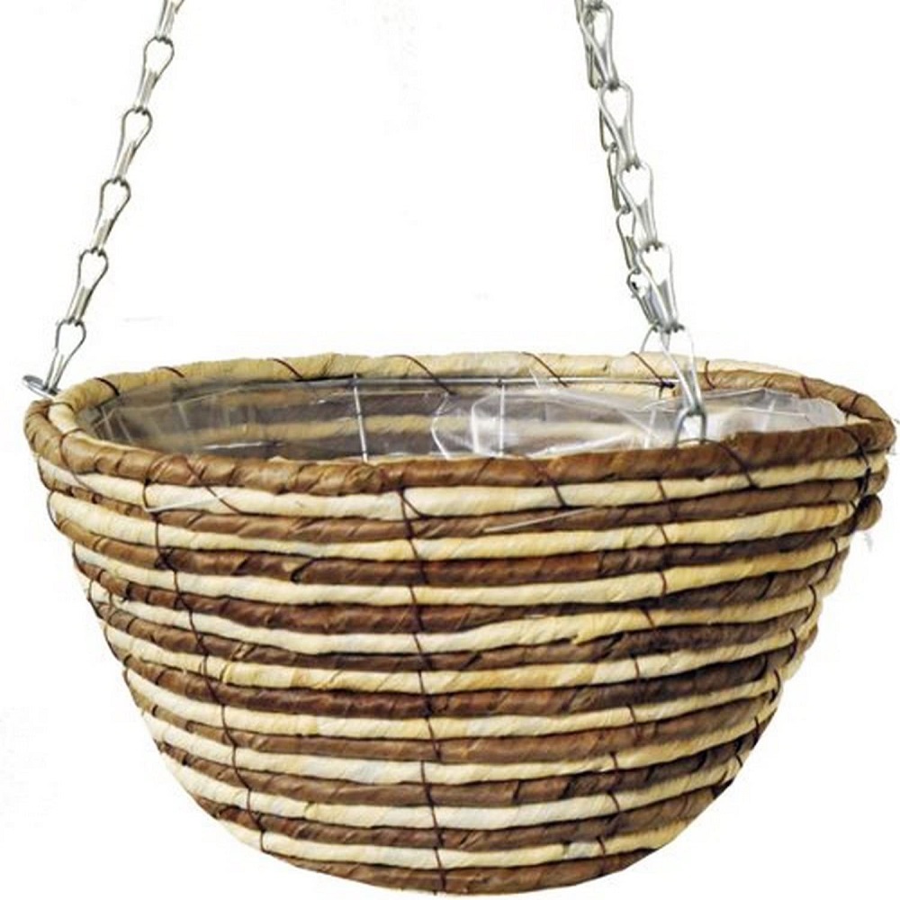A 12 inch hanging flower basket made of natural rope with a metal chain.
