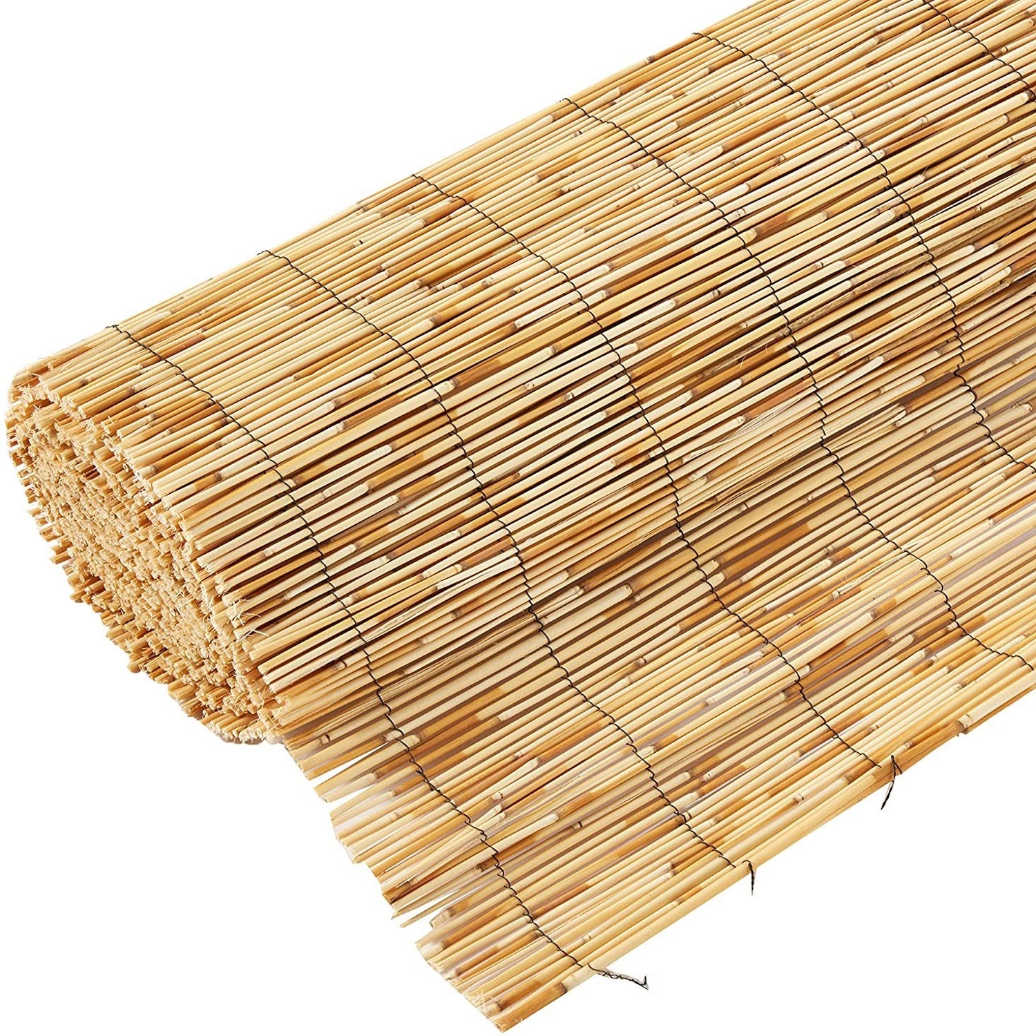 Rolled natural reed garden fencing with black ties.
