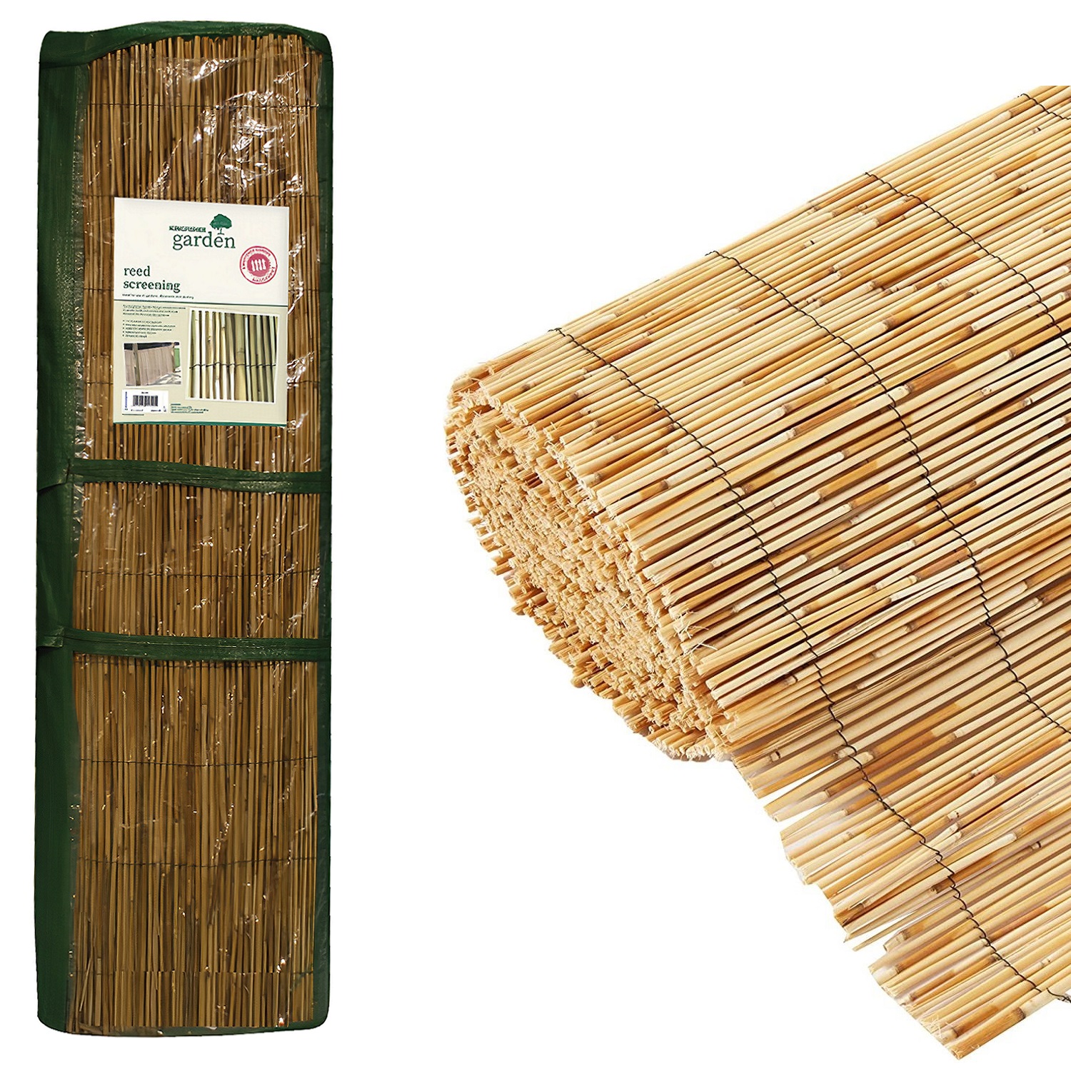 Rolled and packaged Kingfisher Garden Reed Fencing Screening, showcasing natural reed material.