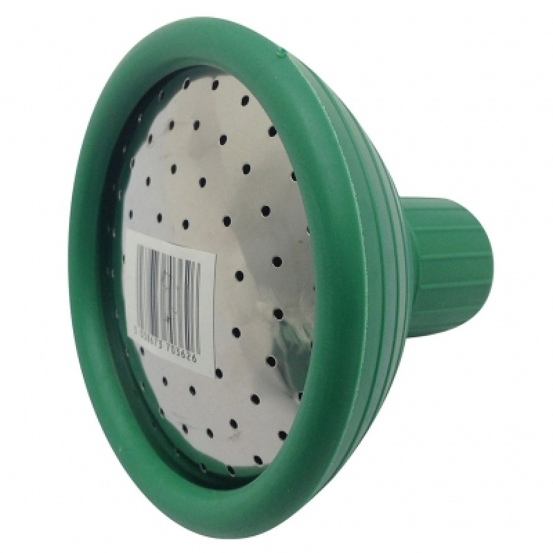 Green rose head attachment for a watering can with a perforated metal plate.