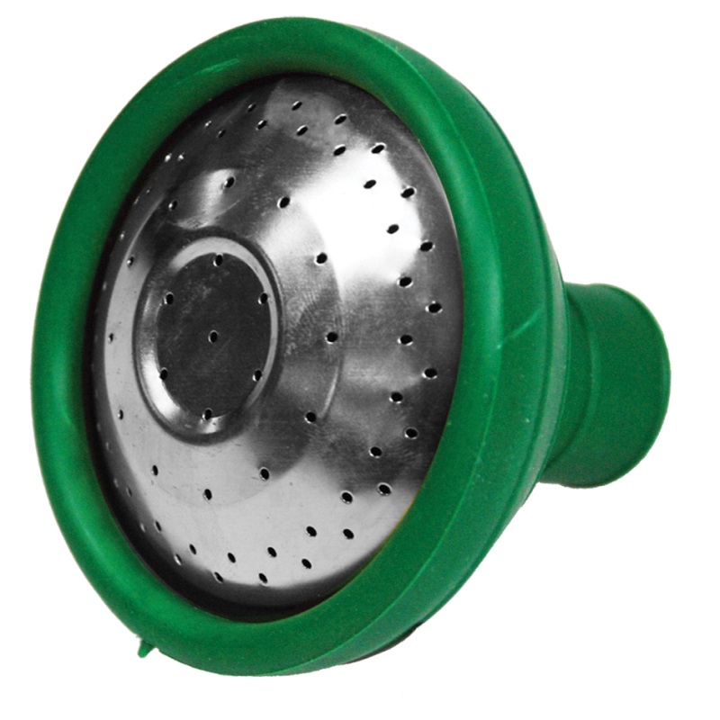 Green rose head attachment for a watering can with metal perforated surface.