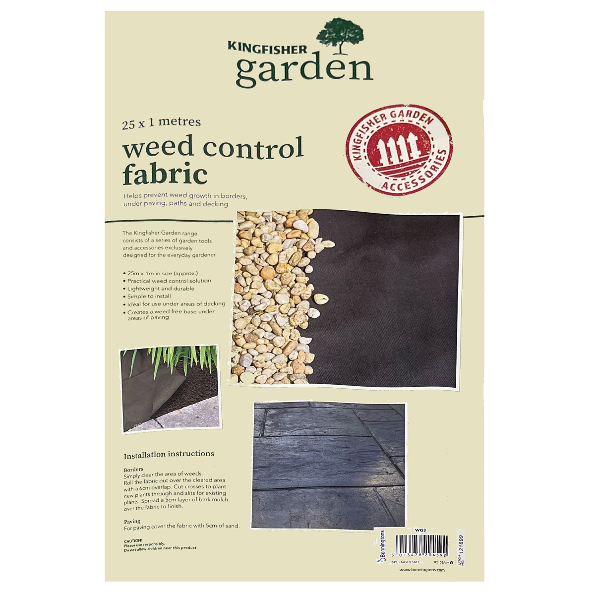Packaging of Kingfisher Garden Weed Control Fabric showing product details and installation instructions.