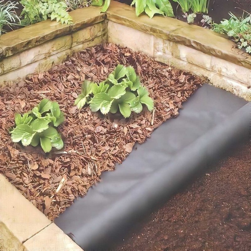 Garden bed with Kingfisher weed control fabric in use, surrounded by plants and mulch.