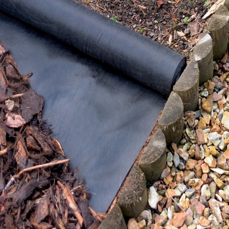 Garden weed control fabric laid out on soil with wooden border and gravel path.