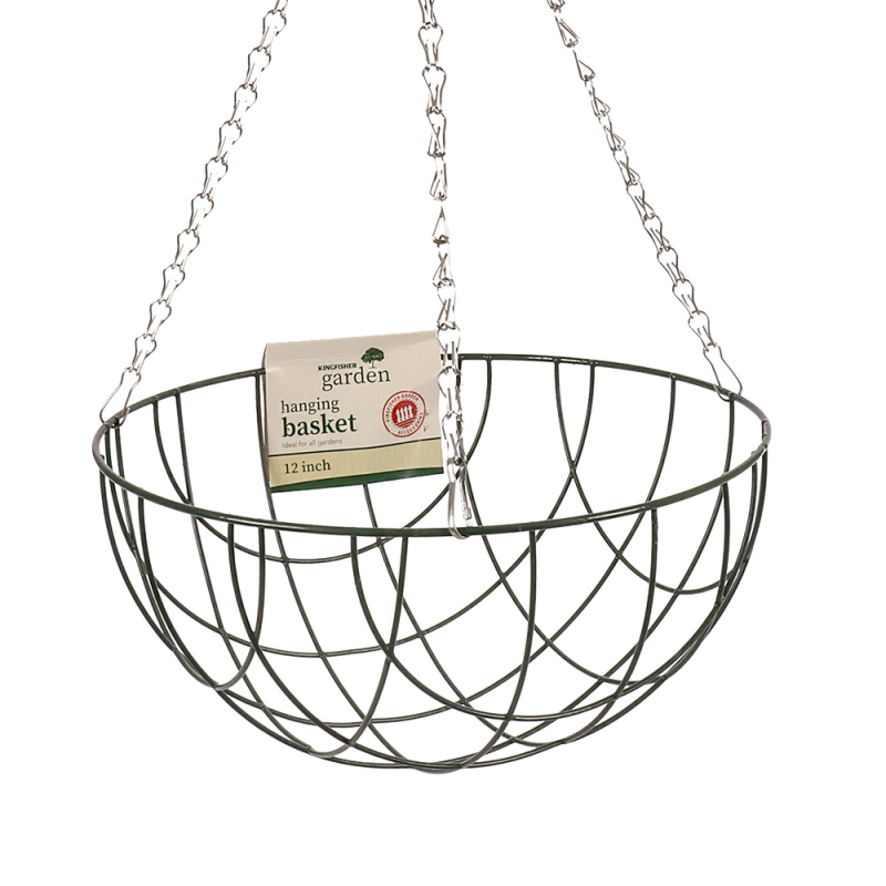 12 inch green wire hanging flower basket with chain