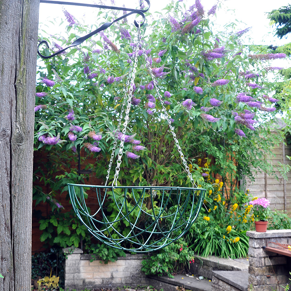 Green wire hanging flower basket suspended from a hook in a garden setting with purple and yellow flowers in the background.