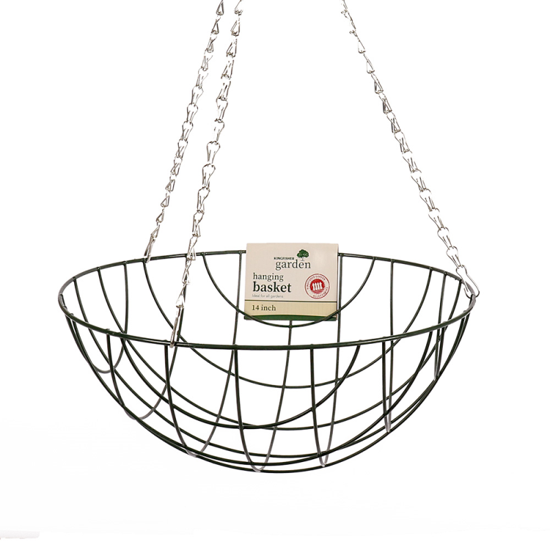 Green wire hanging flower basket with chains, 14 inch size.