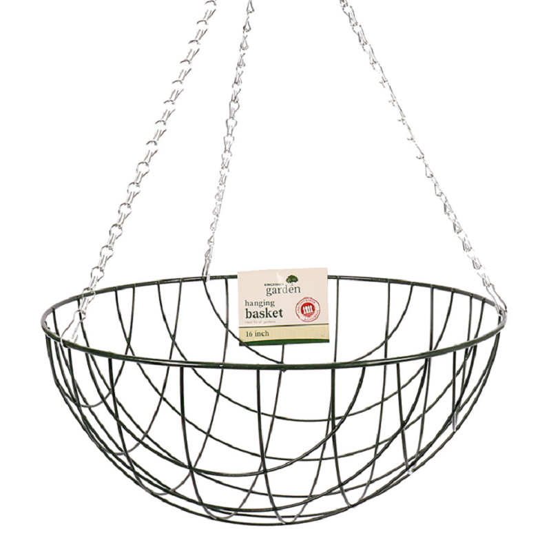 Green wire hanging flower basket with chains, 16 inch size.