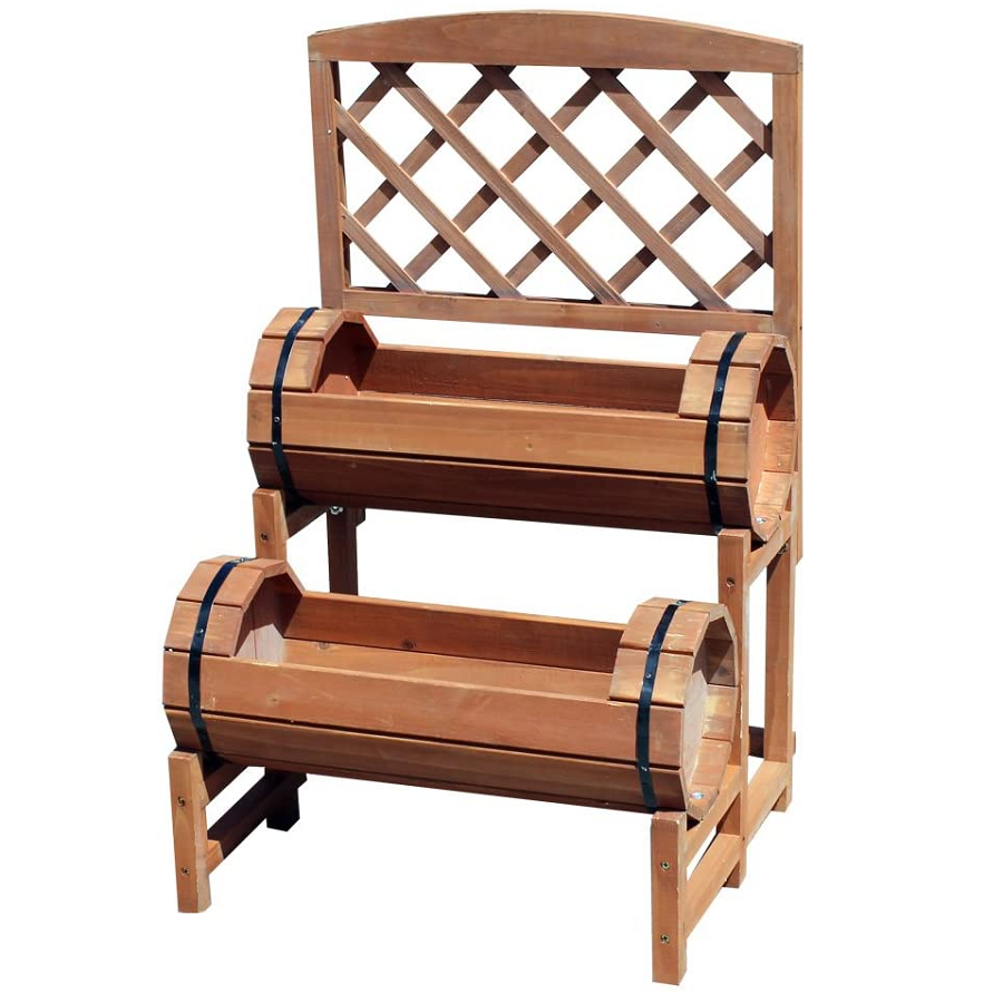 Wooden twin barrel plant trellis with two planter sections and a lattice back for vertical gardening.