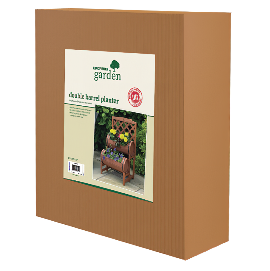 Packaging of Kingfisher Garden Wooden Twin Barrel Plant Trellis for Vertical Gardening, showing a double barrel planter with trellis.