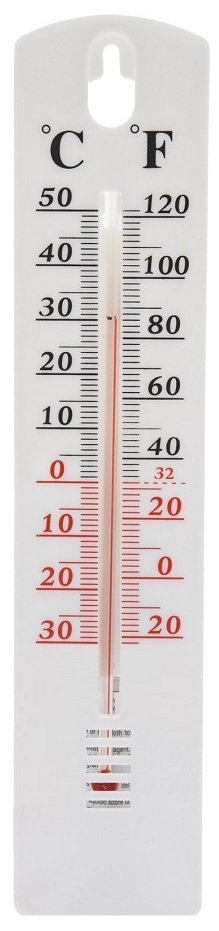 Large garden wall thermometer with Celsius and Fahrenheit scales for indoor and outdoor use.