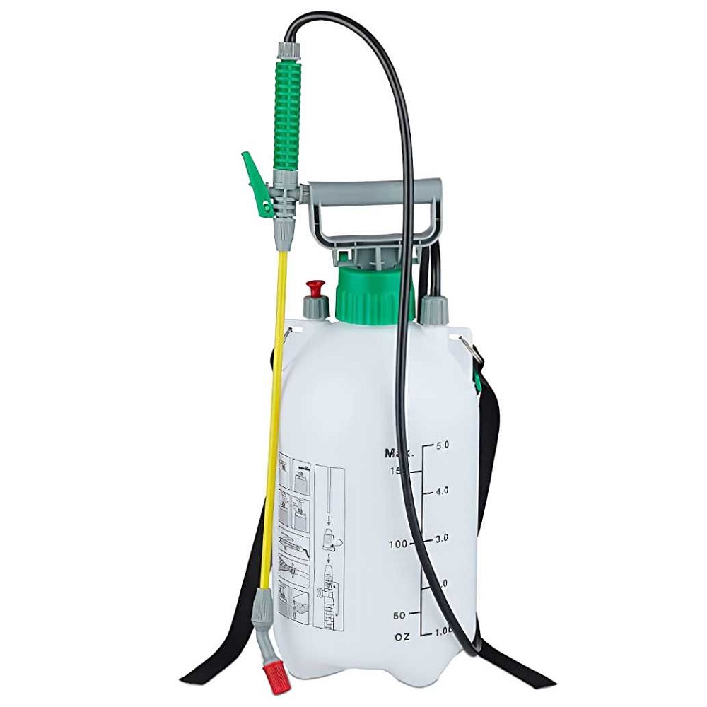 Marksman 5L garden hand pump pressure sprayer with green handle and yellow nozzle.