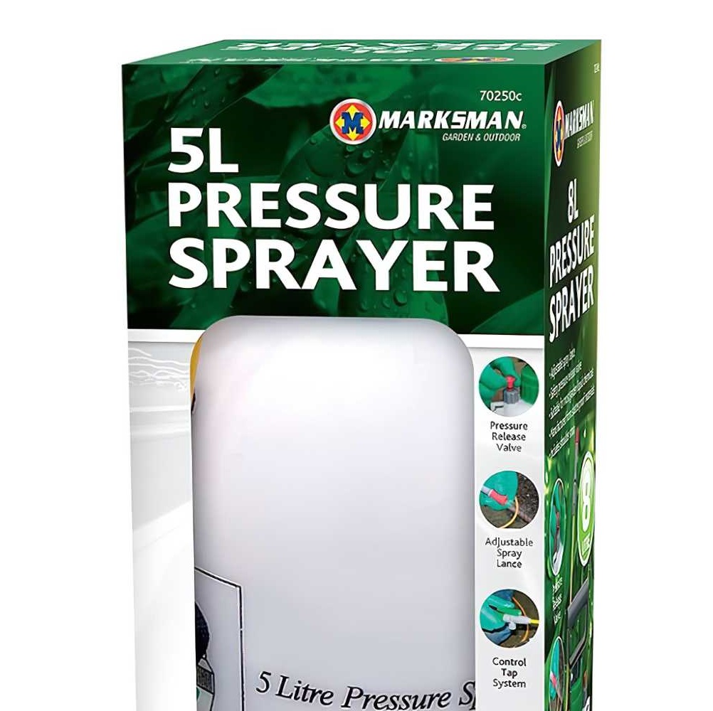 Marksman Garden Hand Pump Pressure Sprayer 5L packaging with product features highlighted.