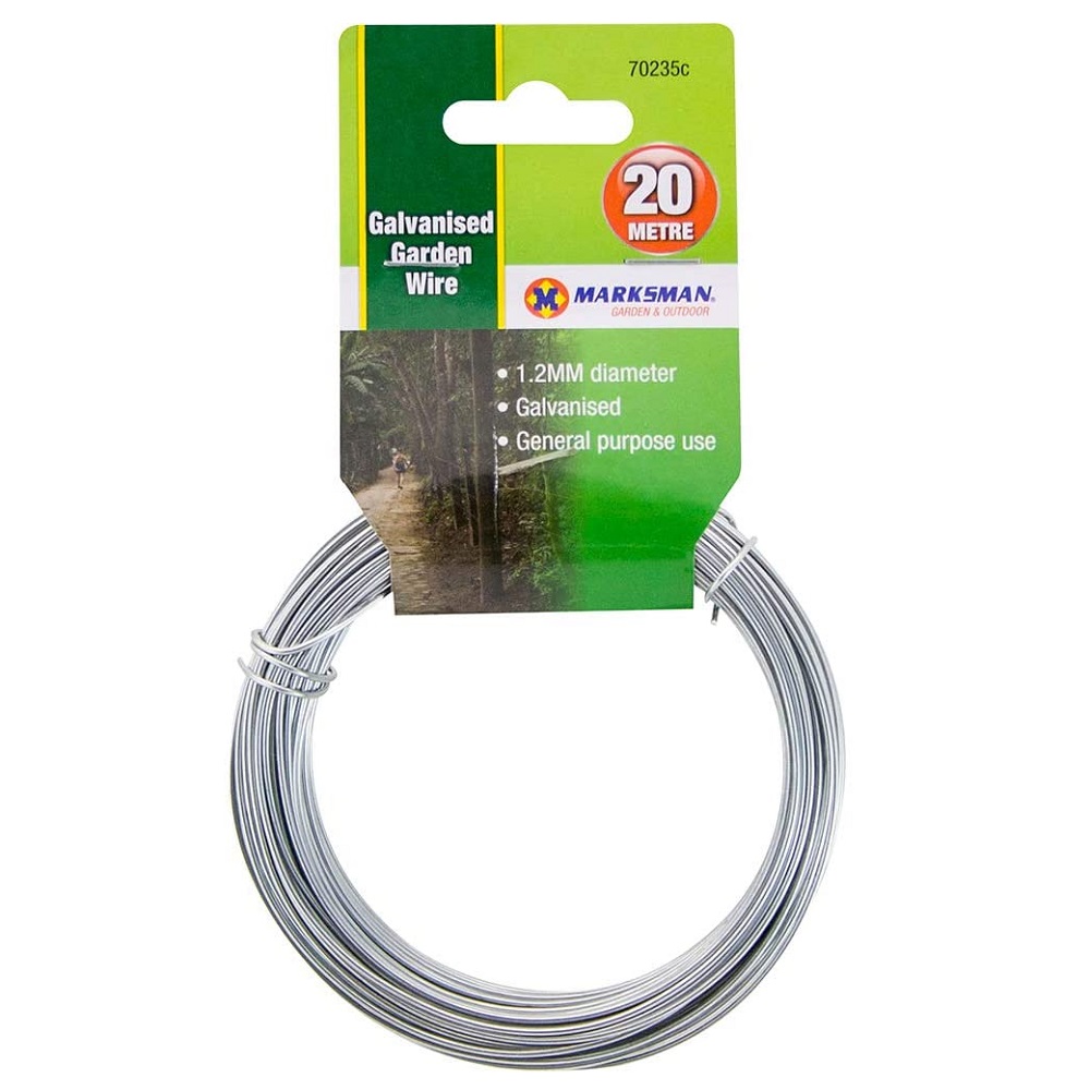 Coiled galvanised garden wire with a green and yellow label showing product details.