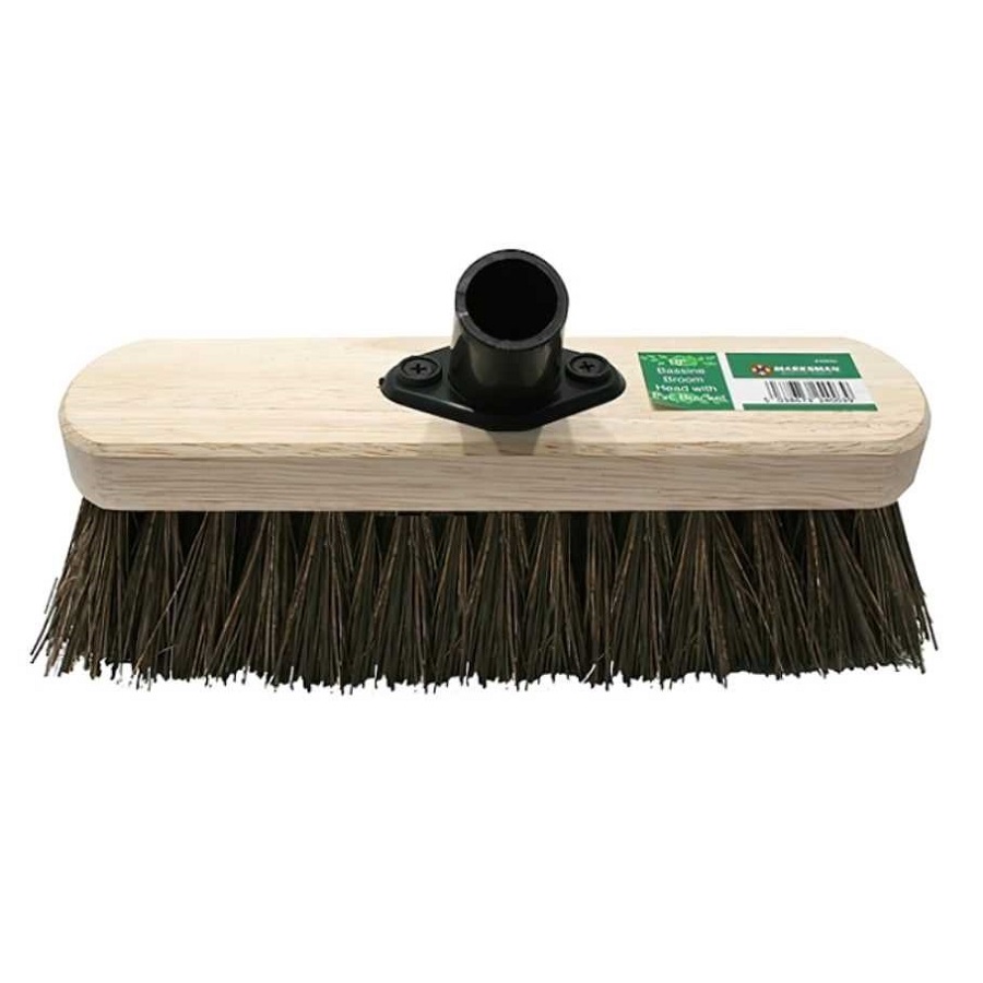 Stiff natural bassine garden broom head with wooden base and black attachment socket.