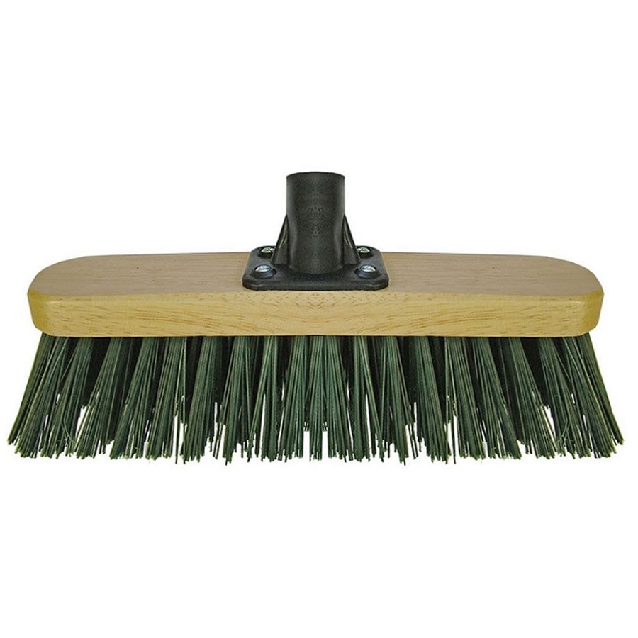 Green stiff PVC garden broom head with wooden base and black attachment socket.