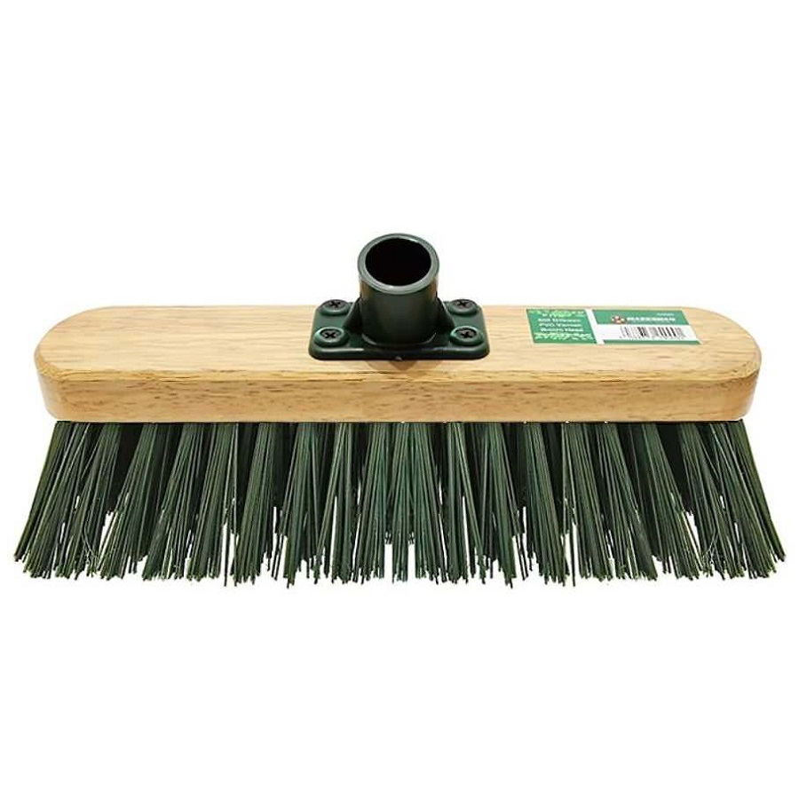 Green varnished stiff PVC garden broom head with wooden base.