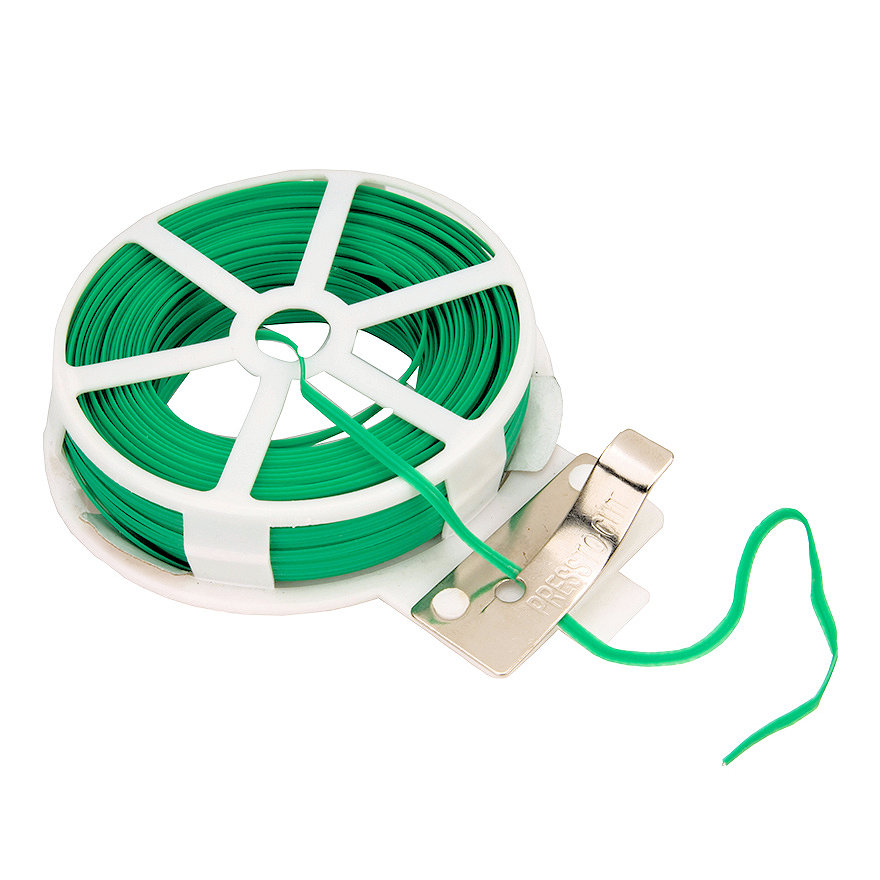 Green plant support tie wire on a spool with metal cutter