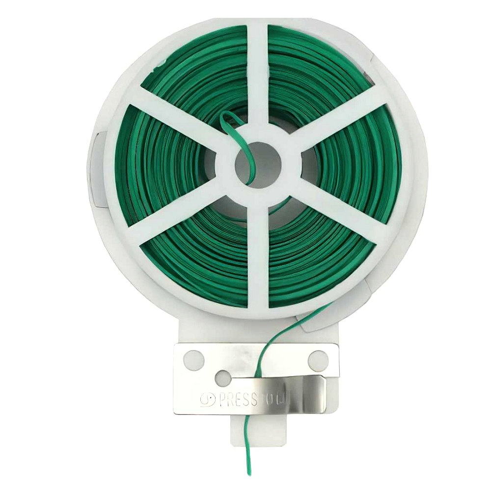 Coiled green tie wire on a white spool, used for supporting garden plants.