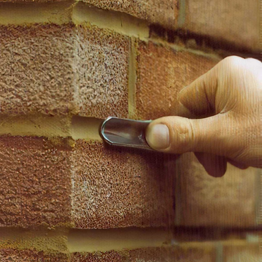 Hand using a Marshalltown Brick Mortar Jointer on brickwork.
