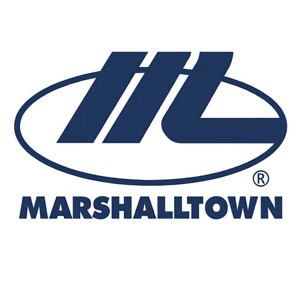 Marshalltown logo in blue and white.