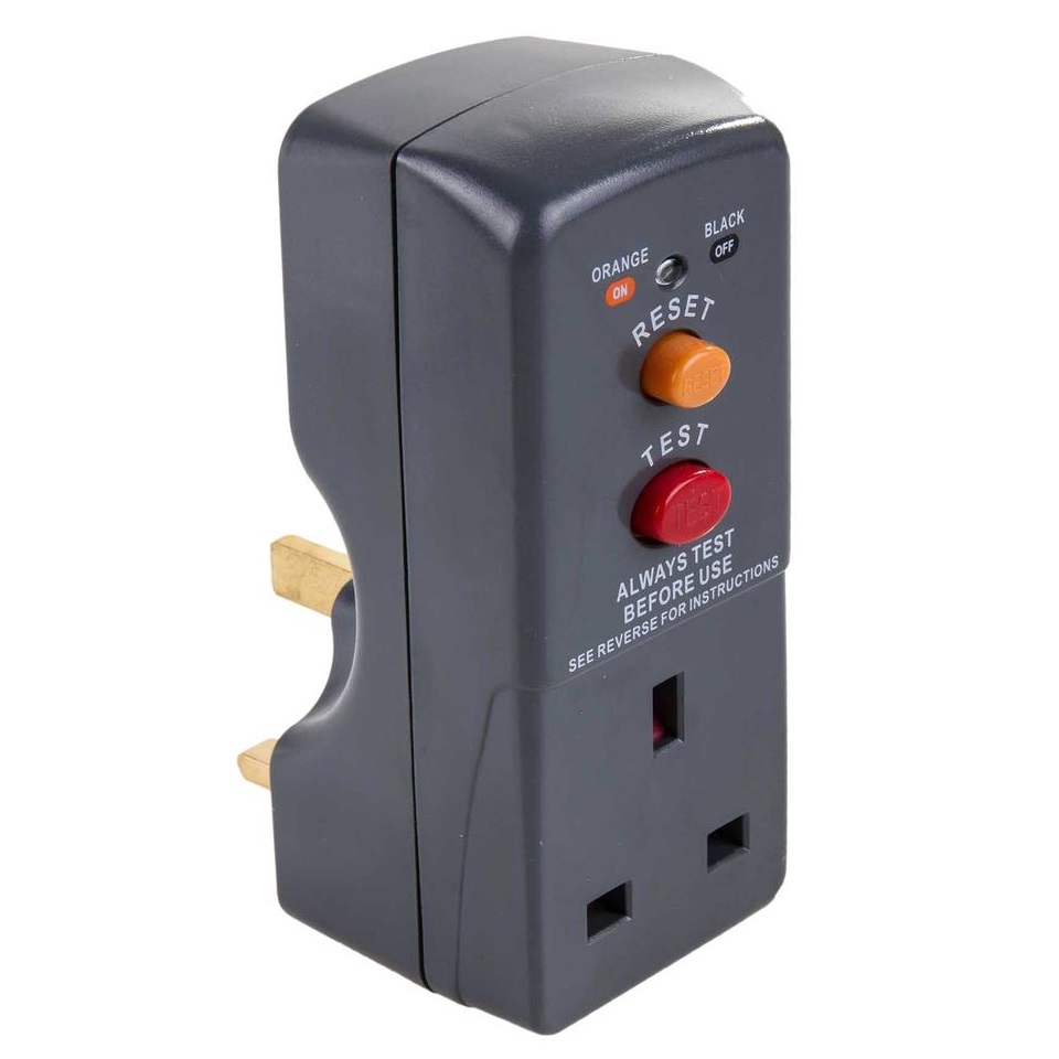 A grey Masterplug RCD Safety Circuit Breaker Plug Adapter with reset and test buttons.