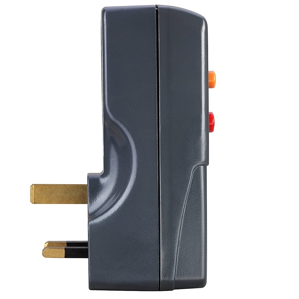 Side view of a Masterplug RCD Safety Circuit Breaker Plug Adapter with visible plug pins and buttons.
