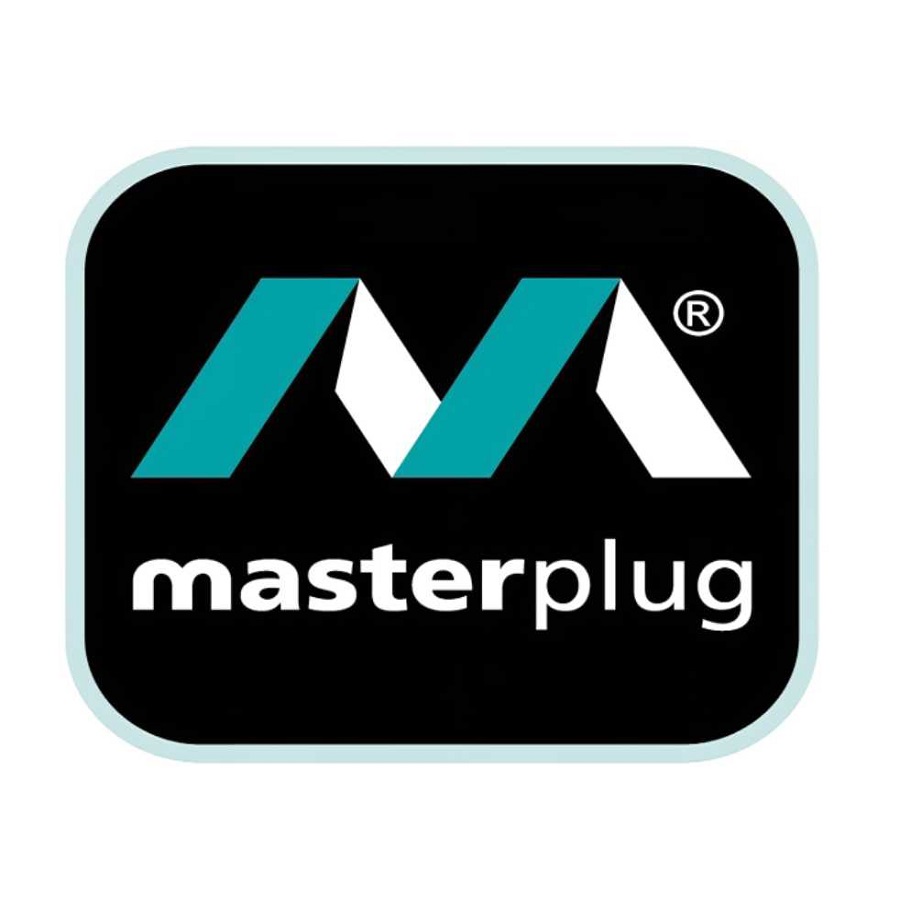 Masterplug logo with a black background and teal letter M.